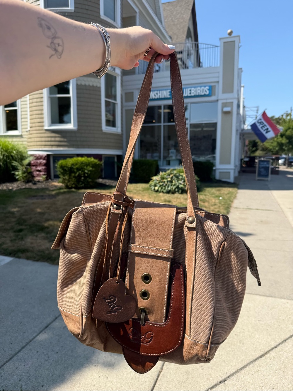 D&G Vintage Tan Canvas & Leather Shoulder Bag with Oversized Charm Dangle